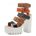 Brown Straps Buckles Block Chunky Sole High Heels Gladiator Platforms Sandals Shoes