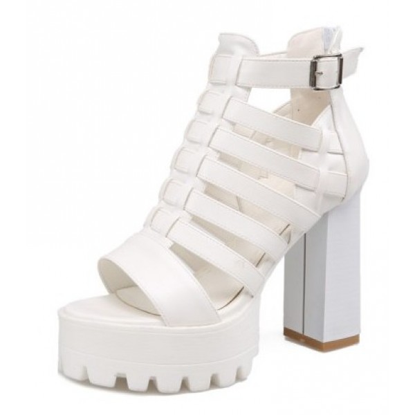 White Strappy Block Chunky Sole High Heels Gladiator Platforms Sandals Shoes