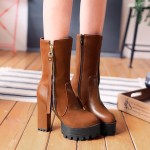 Brown Side Zipper Chunky Sole Block High Heels Platforms Boots Shoes