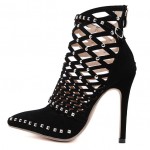 Black Suede Gladiator Hollow Out Bird Cage Stiletto High Heels Boots Shoes