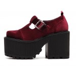 Burgundy Velvet T Strap Goth Punk Rock Platforms Chunky Sole Oxfords Shoes