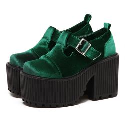 Green Velvet T Strap Goth Punk Rock Platforms Chunky Sole Oxfords Shoes