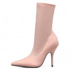 Pink Baby Stretchy Satin Point Head Mid Length Stiletto High Heels Boots Shoes