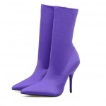 Purple Stretchy Satin Point Head Mid Length Stiletto High Heels Boots Shoes