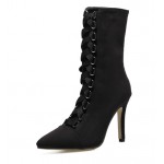 Black Suede Point Head Mid Length Lace Up Rider Stiletto High Heels Boots Shoes