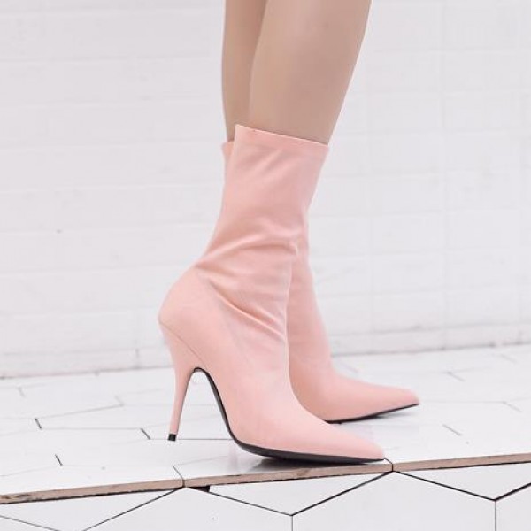 Pink Baby Stretchy Satin Point Head Mid Length Stiletto High Heels Boots Shoes