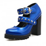 Blue Patent Studs Gothic Punk Rock Chunky Block High Heels Mary Jane Shoes