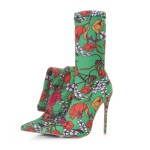 Green Floral Stretchy Point Head Ankle Stiletto High Heels Boots Shoes