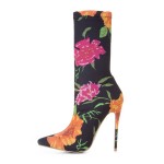 Black Floral Stretchy Point Head Ankle Stiletto High Heels Boots Shoes