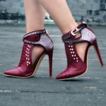 Burgundy Metal Studs Rhinestones Point Head Cross Straps Buckles Stiletto High Heels Ankle Boots Shoes