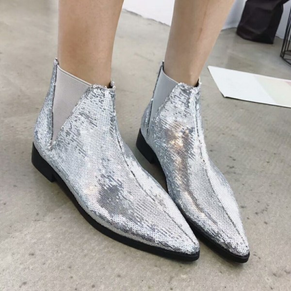 Silver Sequins Bling Bling Point Head Chelsea Ankle Boots Shoes