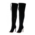 Black Suede Lace Up Thigh High Strappy Gothic Ballerina Stiletto High Heels Boots Shoes