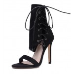 Black Suede Side Ankle Lace Up Booties Stiletto High Heels Sandals Shoes