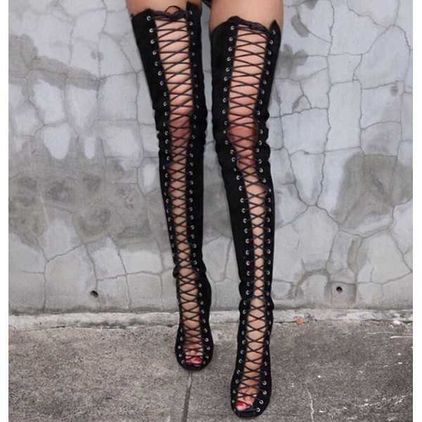 Black Suede Lace Up Thigh High Strappy Gothic Ballerina Stiletto High Heels Boots Shoes