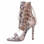 Khaki Snake Print Side Ankle Lace Up Booties Stiletto High Heels Sandals Shoes