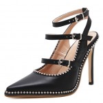 Black Silver Metal Studs Point Head Ankle Stiletto High Heels Shoes