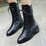 Black Lace Up Point Head Vintage Bowling Rider Flats Bootie Boots Shoes