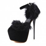 Black Suede Rabbit Fur Platforms Stiletto Super High Heels Shoes