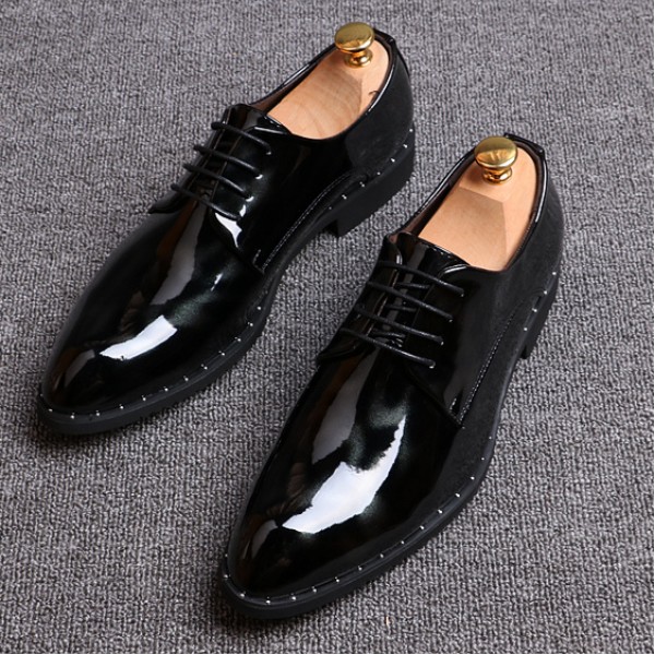 Black Glossy Patent Leather Studs Lace Up Oxfords Flats Dress Shoes