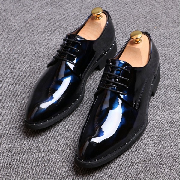 Blue Black Glossy Patent Leather Studs Lace Up Oxfords Flats Dress Shoes