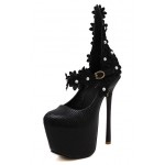 Black Mary Jane Platforms Flowers Bridal Stiletto Super High Heels Shoes