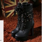 Black Lace Up Square Studs High Top Platforms Heels Military Combat Boots