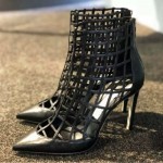 Black Pointed Head Hollow Out Bird Cage Stiletto High Heels Boots Shoes
