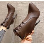 Brown Leather Lace Up Point Head Stiletto High Heels Ankle Boots Shoes