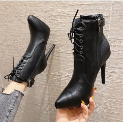 Black Leather Lace Up Point Head Stiletto High Heels Ankle Boots Shoes