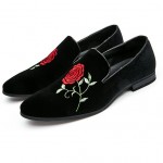 Black Velvet Embroidered Red Rose Mens Oxfords Loafers Dress Shoes Flats