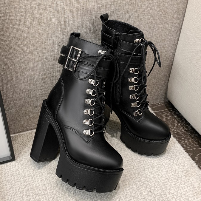 Black Buckle Lace Up Punk Rock Chunky Sole Block High Heels Platforms ...