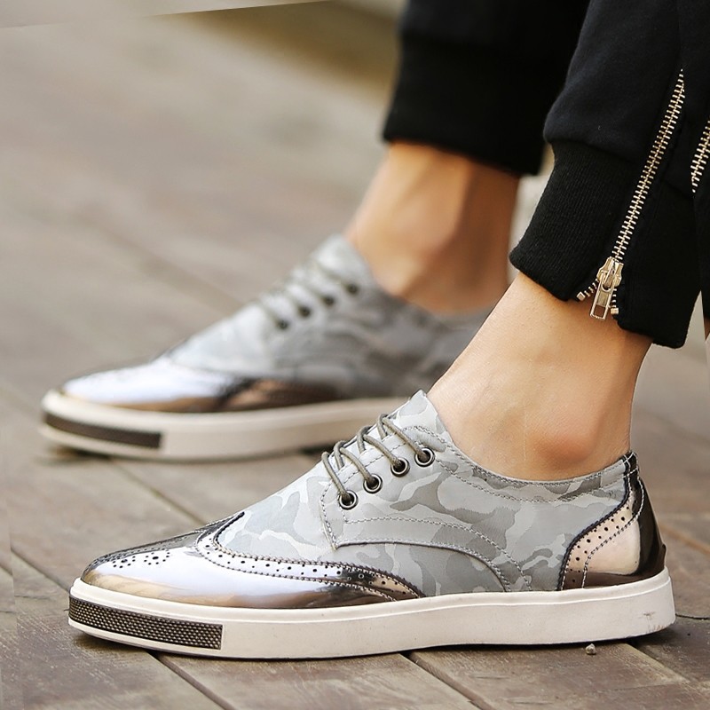 Silver Grey Camouflage Leather Lace Up Baroque Mens Oxfords Dress Shoes ...