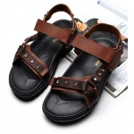 Brown Leather Straps Square Studs Thick Sole Mens Roman Gladiator Sandals