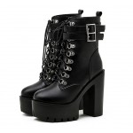 Black Buckle Lace Up Punk Rock Chunky Sole Block High Heels Platforms Boots Shoes