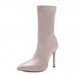 Beige Stretchy Satin High Stiletto Heels Shoes Boots
