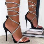 Black Diamante Strappy Gown Stiletto High Heels Sandals Shoes 