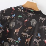 Black Colorful Animals Print Button Up Shirt Blouses
