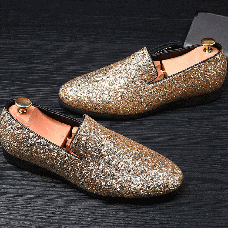 Gold Glitters Sparkles Mens Oxfords Loafers Dress Shoes Flats