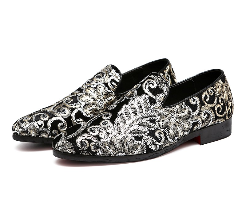 Black Floral Sequins Mens Oxfords Loafers Dress Shoes Flats
