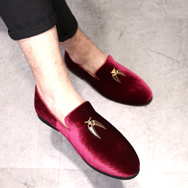 Burgundy Velvet Gold Horn Mens Oxfords Loafers Dress Shoes Flats 4638