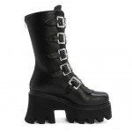 Black Buckles Studs Punk Rock Platforms Chunky Sole Mid Length Boots Shoes