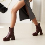 Brown Ankle Chunky Block High Heels Boots Shoes
