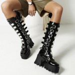 Black Patent Buckles Straps Punk Rock Platforms Chunky Sole Long Knee Boots Shoes