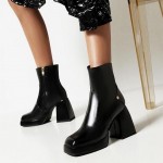 Black Ankle Chunky Block High Heels Boots Shoes