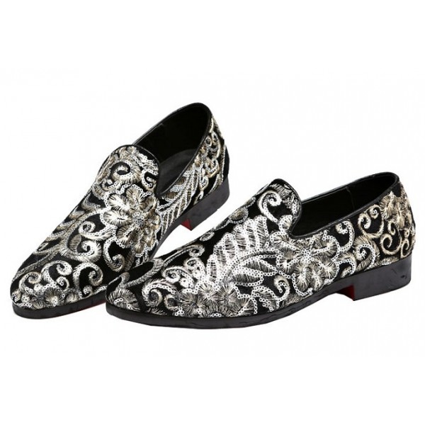 Black Floral Sequins Mens Oxfords Loafers Dress Shoes Flats