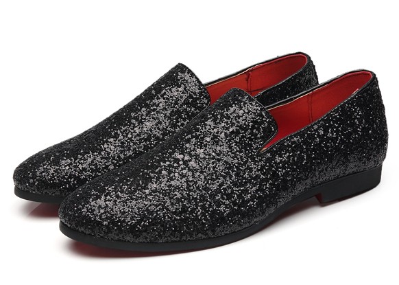 Black Glitters Sparkles Mens Oxfords Loafers Dress Shoes Flats