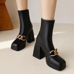 Black Gold Chain Block High Heels Boots Shoes