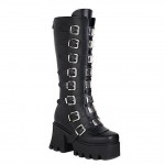 Black Multiple Buckles Straps Punk Rock Funky Platforms Chunky Sole Long Knee Boots Shoes