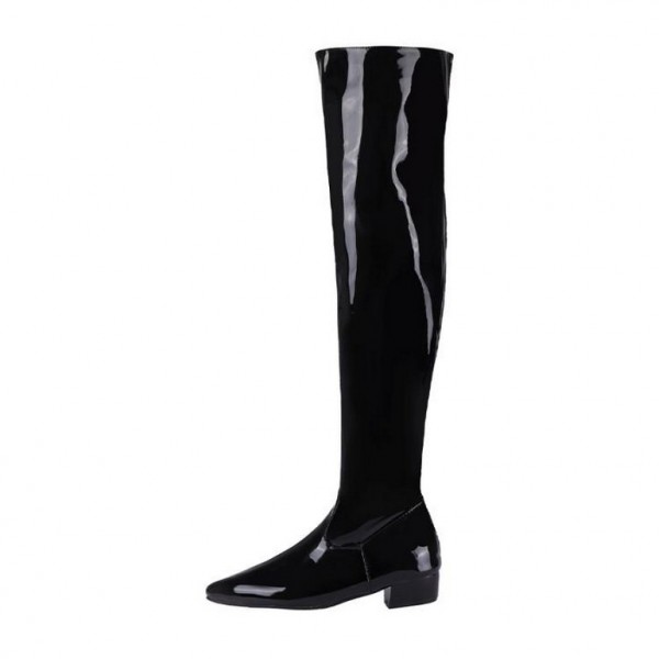 Black Patent Glossy Pointed Head Long Knee Flats Thigh Boots Shoes