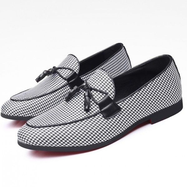 Black White Houndstooth Tassels Mens Loafers Prom Dress Shoes